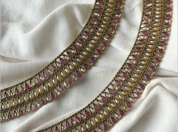 Ratna Jal Payal – Triple-Layered Design | Pearl, Ruby & Champagne Polki | Antique Brass Finish For Women